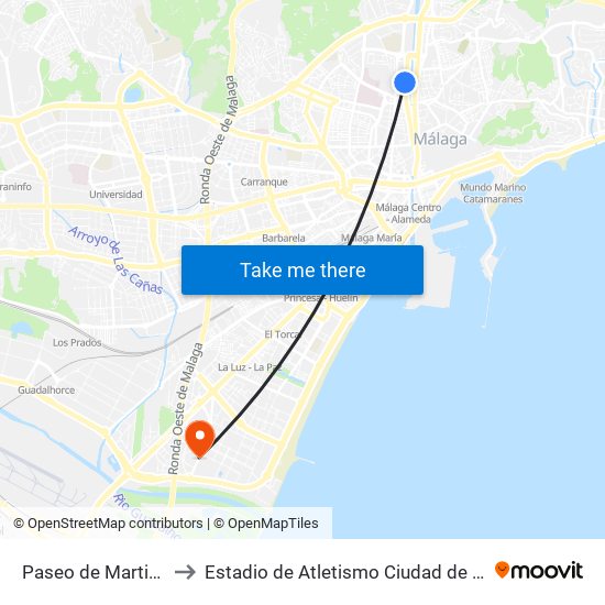 Paseo de Martiricos to Estadio de Atletismo Ciudad de Málaga map