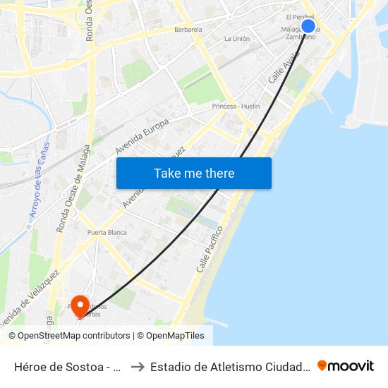 Héroe de Sostoa - Estación to Estadio de Atletismo Ciudad de Málaga map