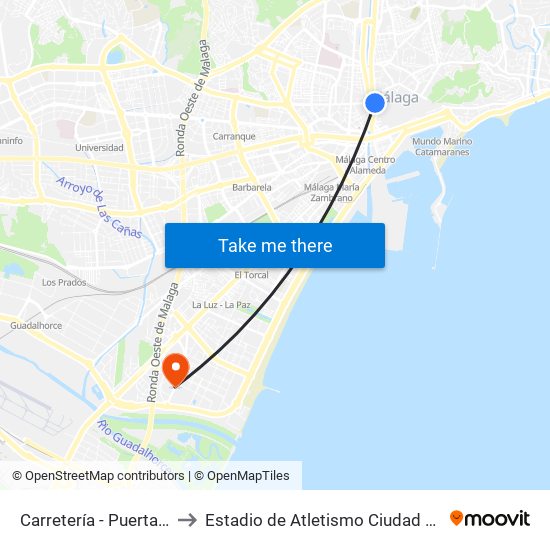 Carretería - Puerta Nueva to Estadio de Atletismo Ciudad de Málaga map
