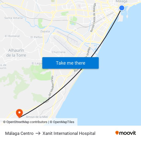 Málaga Centro to Xanit International Hospital map