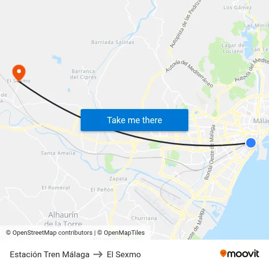 Estación Tren Málaga to El Sexmo map