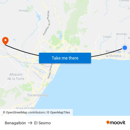 Benagalbón to El Sexmo map