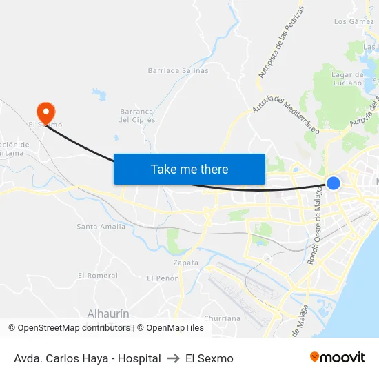 Avda. Carlos Haya - Hospital to El Sexmo map