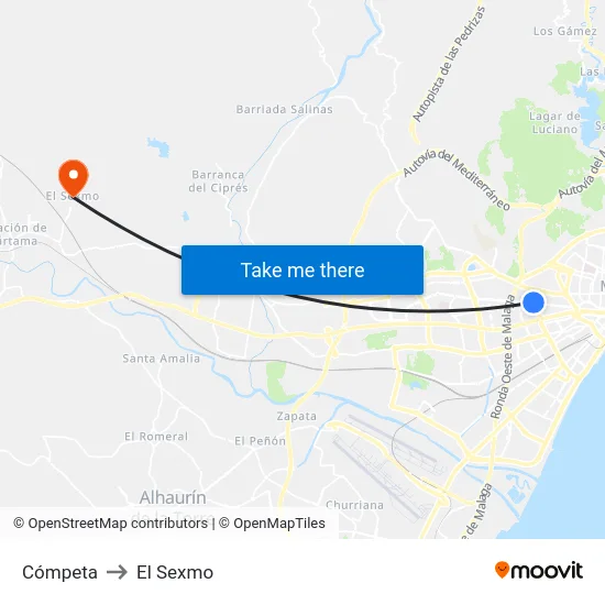 Cómpeta to El Sexmo map