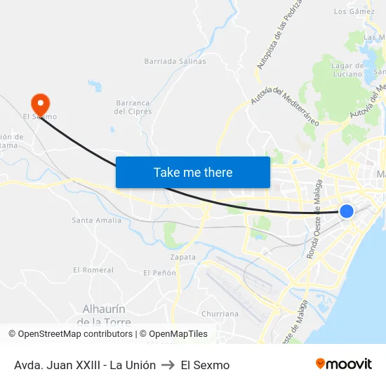 Avda. Juan XXIII - La Unión to El Sexmo map