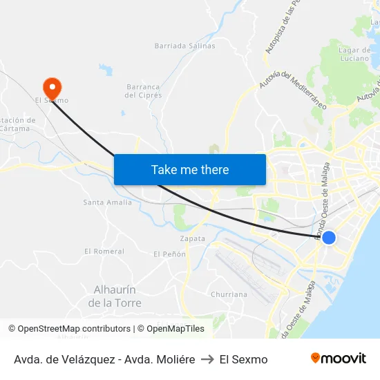 Avda. de Velázquez - Avda. Moliére to El Sexmo map