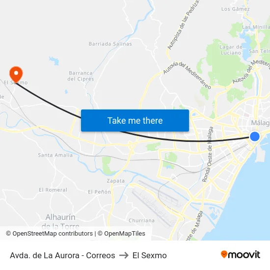 Avda. de La Aurora - Correos to El Sexmo map