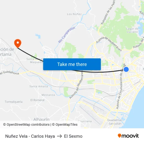 Nuñez Vela - Carlos Haya to El Sexmo map
