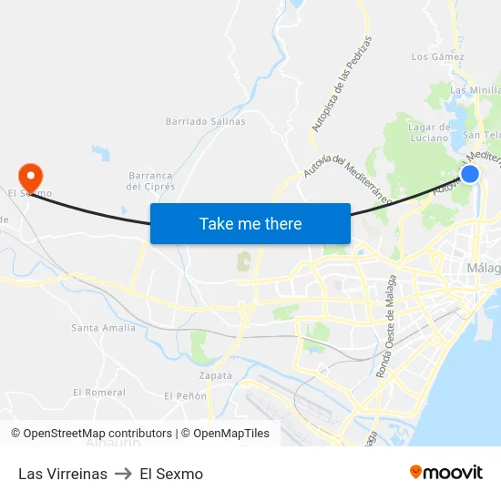 Las Virreinas to El Sexmo map