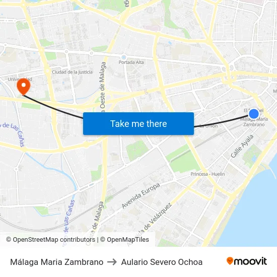 Málaga Maria Zambrano to Aulario Severo Ochoa map