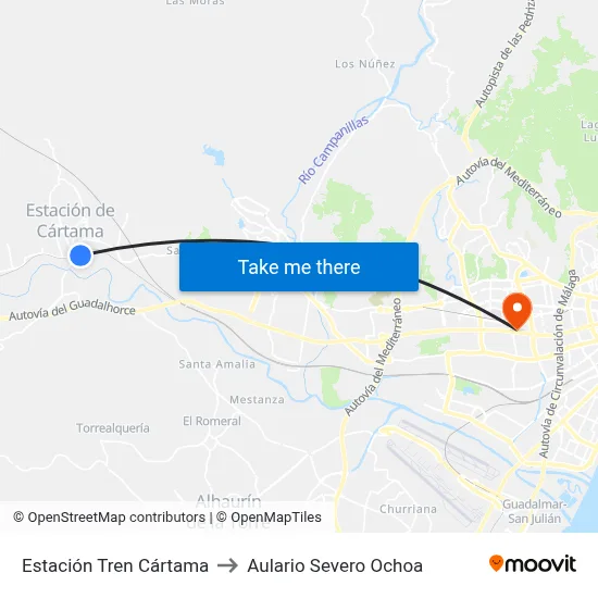 Estación Tren Cártama to Aulario Severo Ochoa map