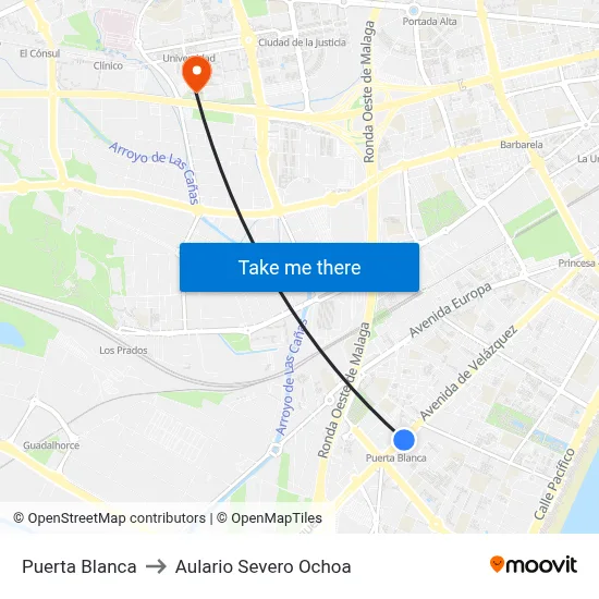 Puerta Blanca to Aulario Severo Ochoa map