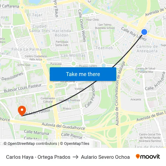 Carlos Haya - Ortega Prados to Aulario Severo Ochoa map
