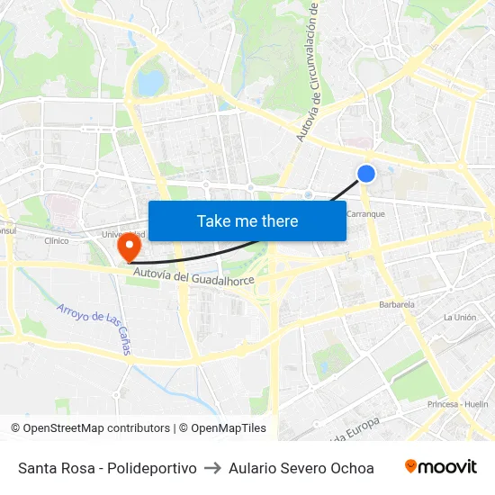 Santa Rosa - Polideportivo to Aulario Severo Ochoa map