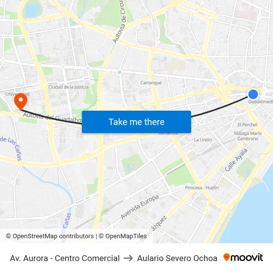 Av. Aurora - Centro Comercial to Aulario Severo Ochoa map
