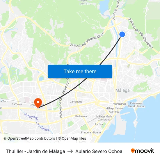Thuillier - Jardín de Málaga to Aulario Severo Ochoa map