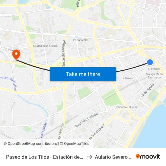 Paseo de Los Tilos - Estación de Autobuses to Aulario Severo Ochoa map