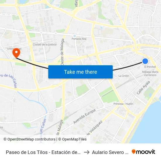 Paseo de Los Tilos - Estación de Autobuses to Aulario Severo Ochoa map