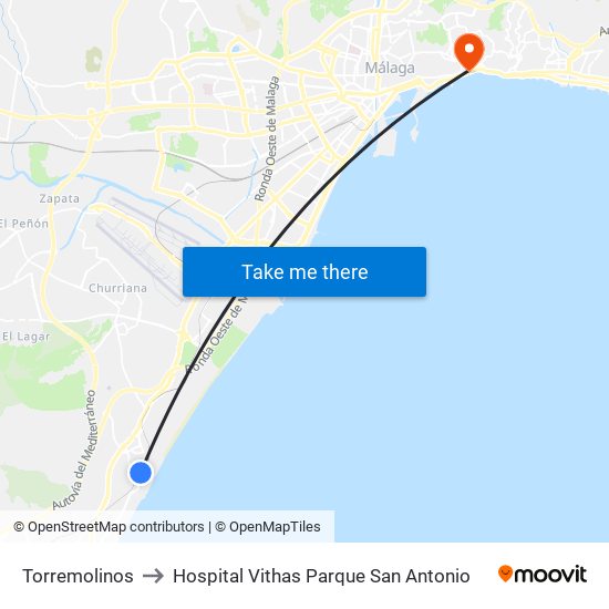 Torremolinos to Hospital Vithas Parque San Antonio map