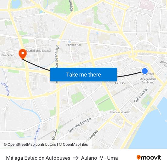 Málaga Estación Autobuses to Aulario IV - Uma map