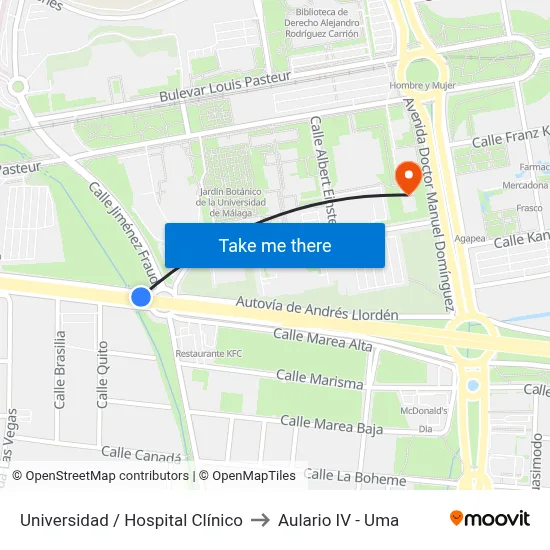 Universidad / Hospital Clínico to Aulario IV - Uma map
