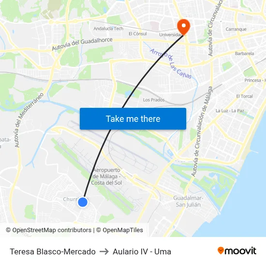 Teresa Blasco-Mercado to Aulario IV - Uma map
