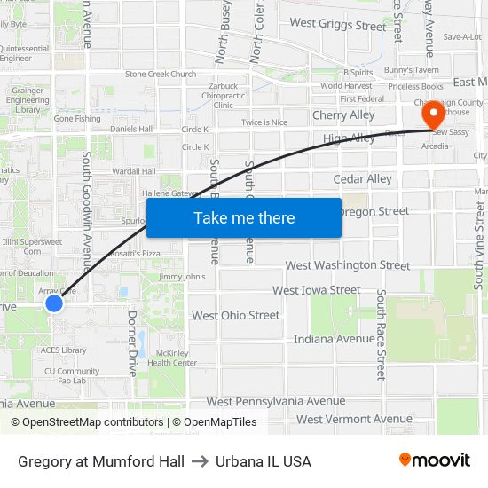 Gregory at Mumford Hall to Urbana IL USA map