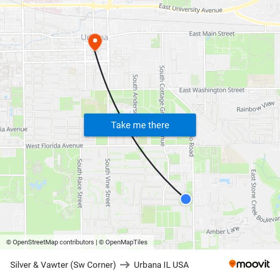 Silver & Vawter (Sw Corner) to Urbana IL USA map