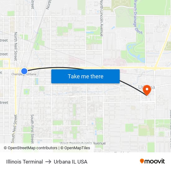 Illinois Terminal to Urbana IL USA map