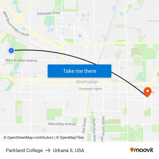 Parkland College to Urbana IL USA map