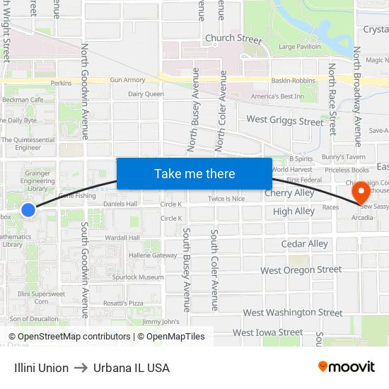 Illini Union to Urbana IL USA map