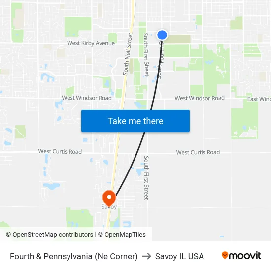 Fourth & Pennsylvania (Ne Corner) to Savoy IL USA map