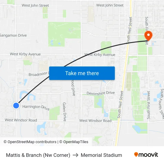 Mattis & Branch (Nw Corner) to Memorial Stadium map