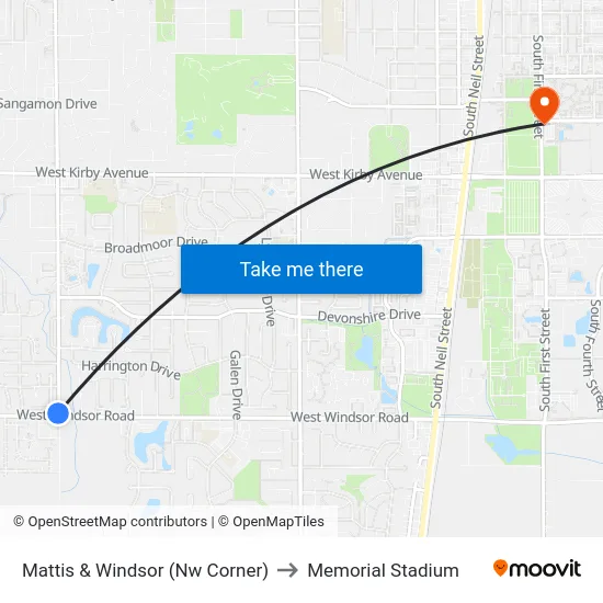 Mattis & Windsor (Nw Corner) to Memorial Stadium map