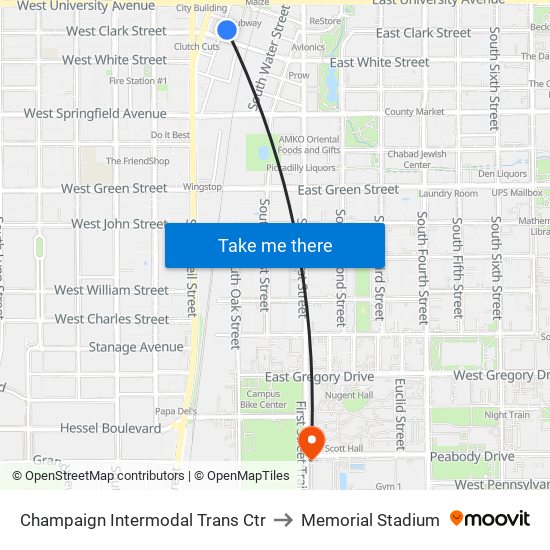 Champaign Intermodal Trans Ctr to Memorial Stadium map