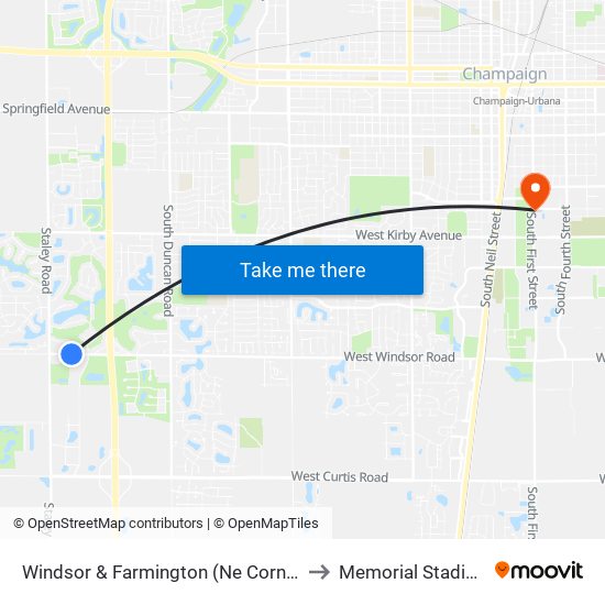 Windsor & Farmington (Ne Corner) to Memorial Stadium map