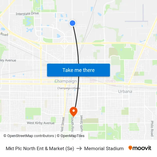 Mkt Plc North Ent & Market (Se) to Memorial Stadium map