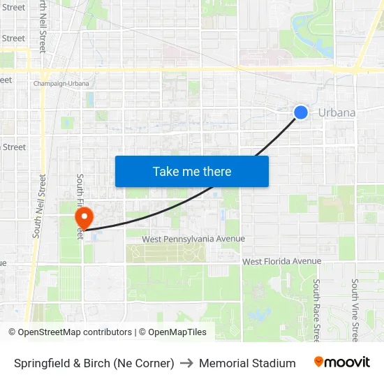 Springfield & Birch (Ne Corner) to Memorial Stadium map