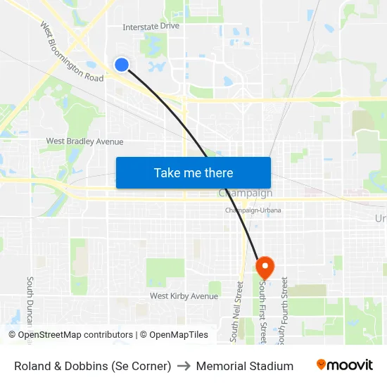 Roland & Dobbins (Se Corner) to Memorial Stadium map