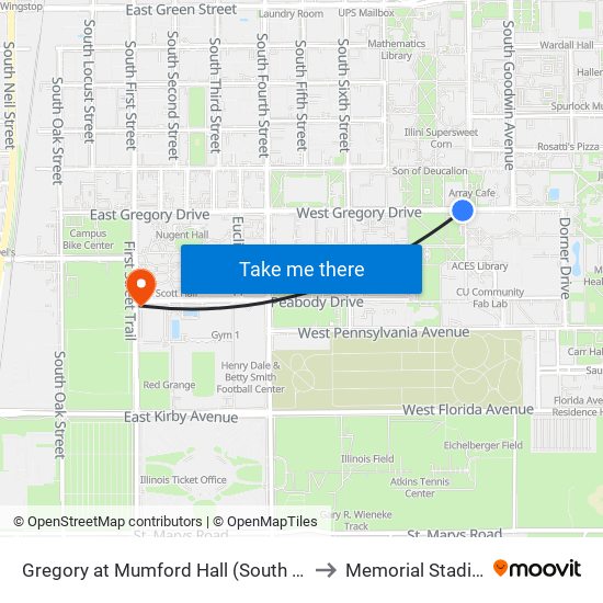 Gregory at Mumford Hall (South Side) to Memorial Stadium map