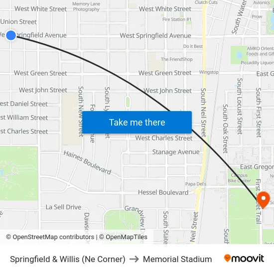 Springfield & Willis (Ne Corner) to Memorial Stadium map