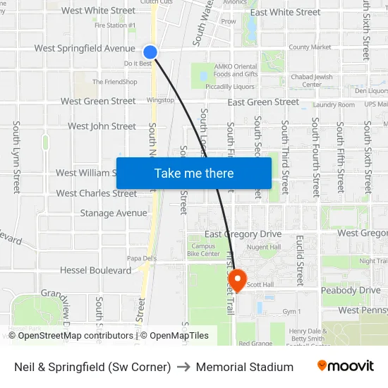 Neil & Springfield (Sw Corner) to Memorial Stadium map
