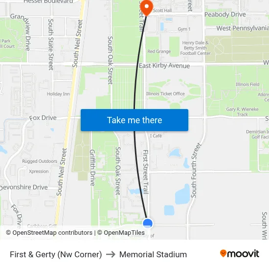 First & Gerty (Nw Corner) to Memorial Stadium map