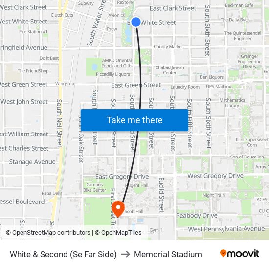 White & Second (Se Far Side) to Memorial Stadium map