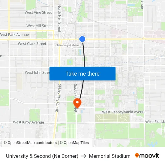 University & Second (Ne Corner) to Memorial Stadium map