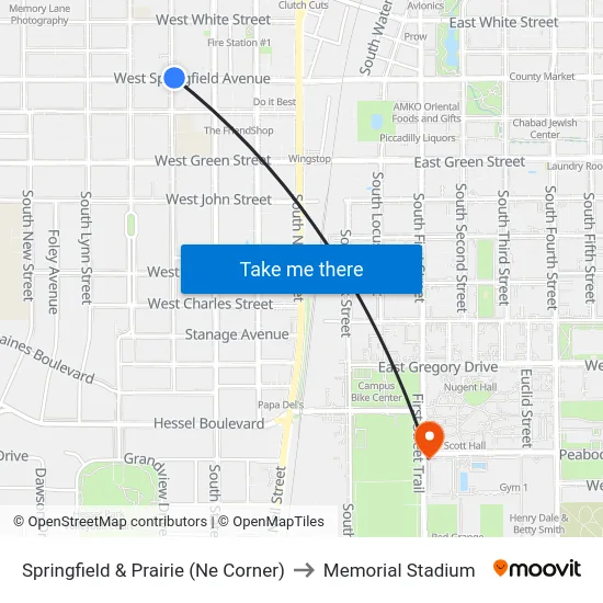 Springfield & Prairie (Ne Corner) to Memorial Stadium map