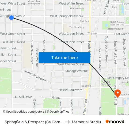 Springfield & Prospect (Se Corner) to Memorial Stadium map