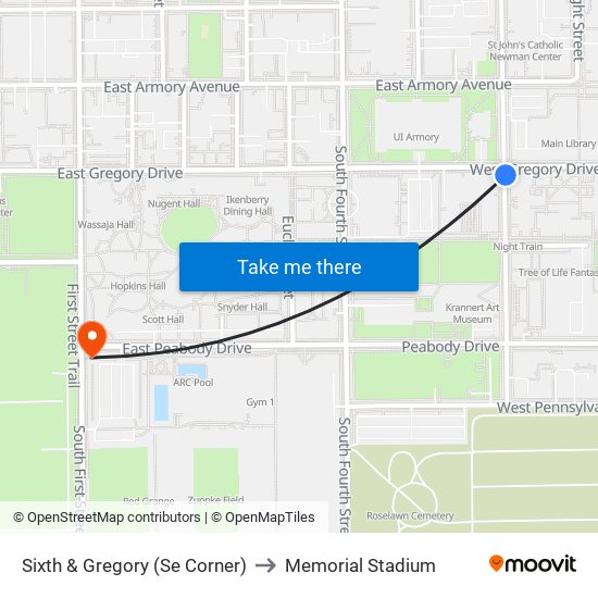 Sixth & Gregory (Se Corner) to Memorial Stadium map