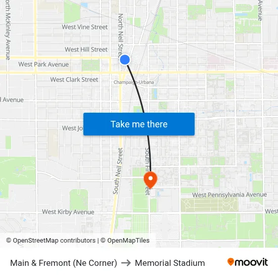 Main & Fremont (Ne Corner) to Memorial Stadium map