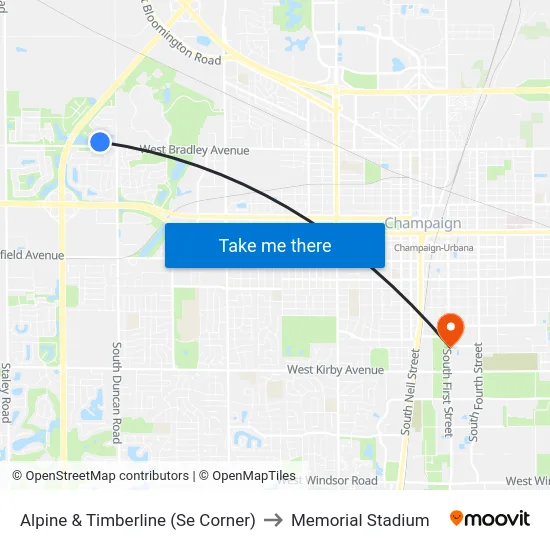 Alpine & Timberline (Se Corner) to Memorial Stadium map